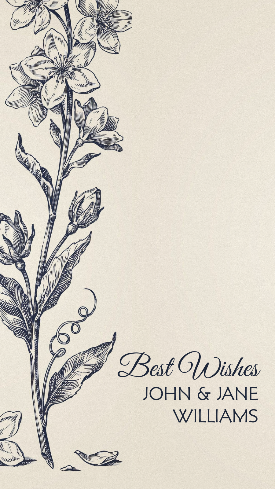 Personalized vintage botanical gift tag in deep navy ink on ivory card — front design reading Best Wishes, John & Jane Williams
