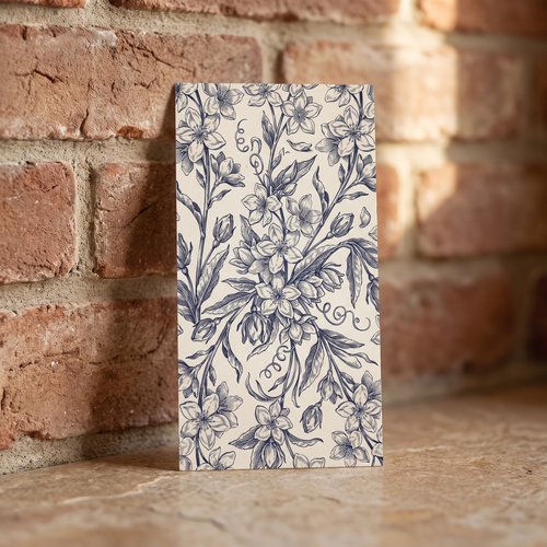 Matching navy botanical floral pattern printed on the back of the personalized gift tag
