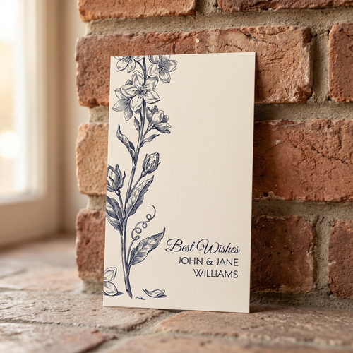 Personalized vintage botanical gift tag in deep navy ink on ivory card — front design reading Best Wishes, John & Jane Williams