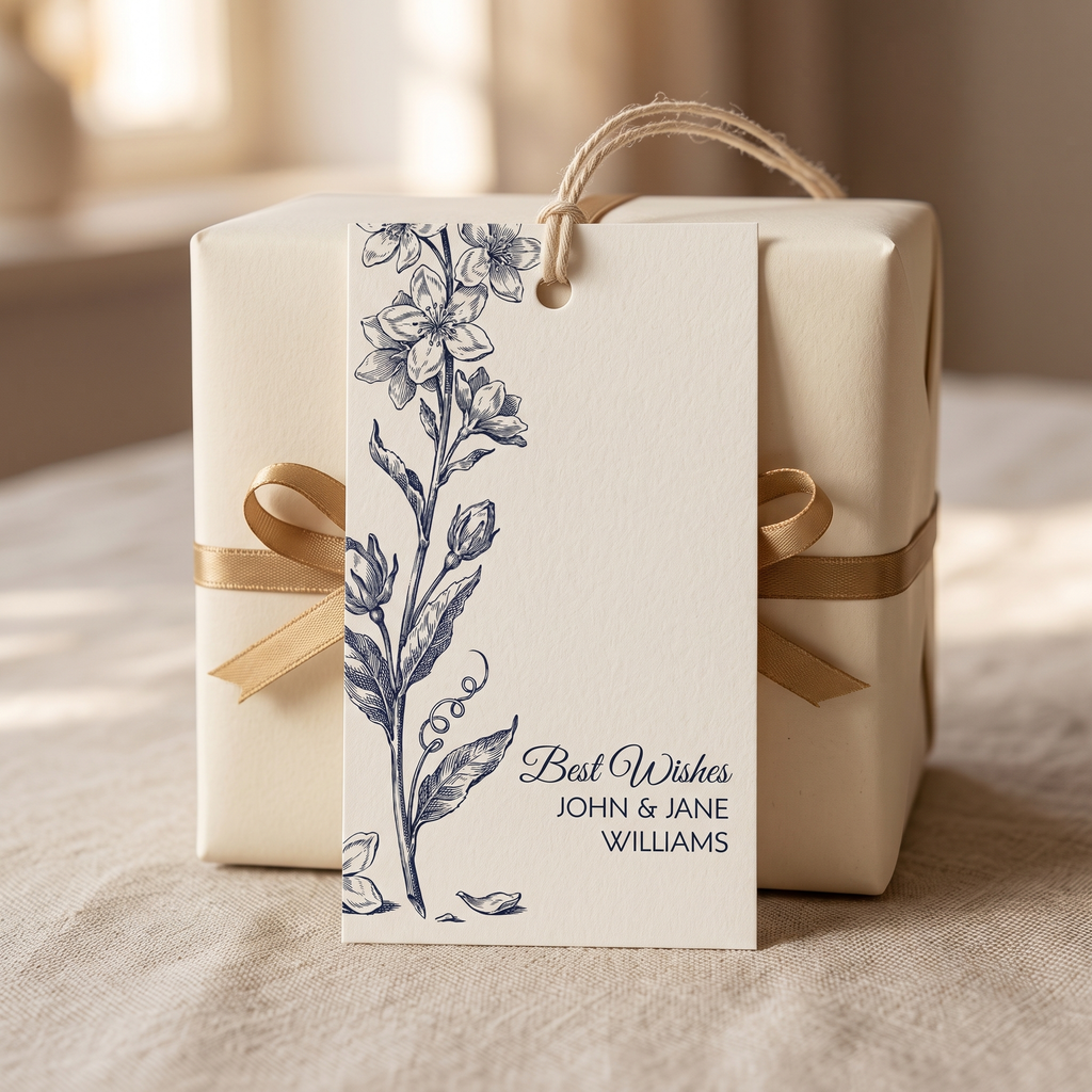 Personalized Best Wishes botanical gift tag tied with twine to an ivory wrapped gift box with antique gold ribbon