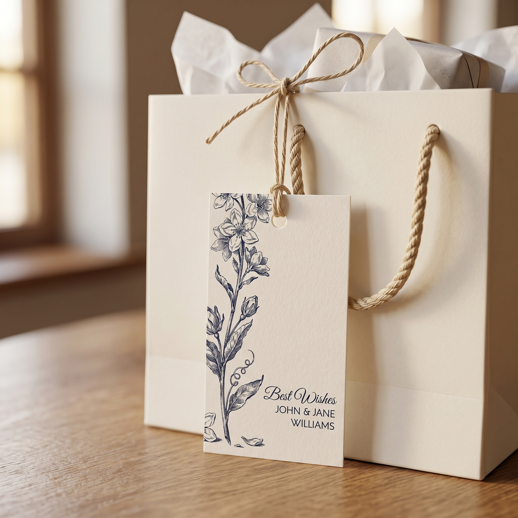 Personalized botanical gift tag tied to the rope handles of an ivory gift bag with white tissue paper and a wrapped gift peeking out