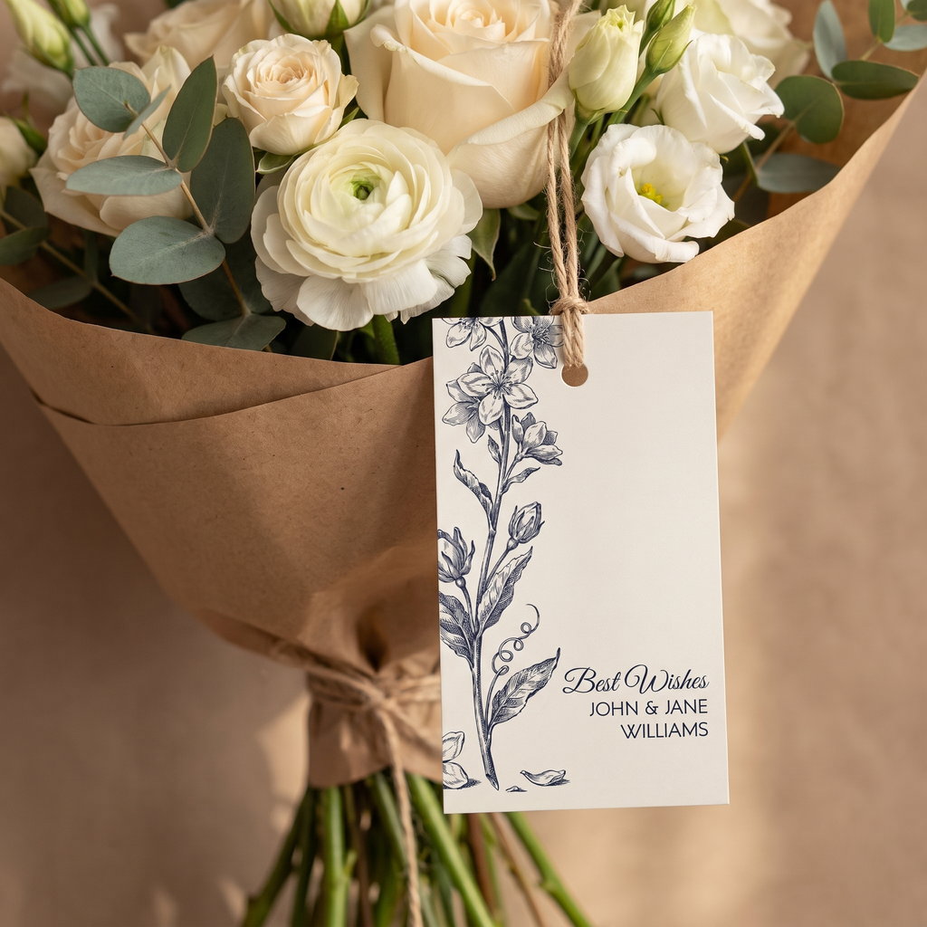 Personalized botanical gift tag tied with twine to a kraft-wrapped bouquet of cream flowers and eucalyptus