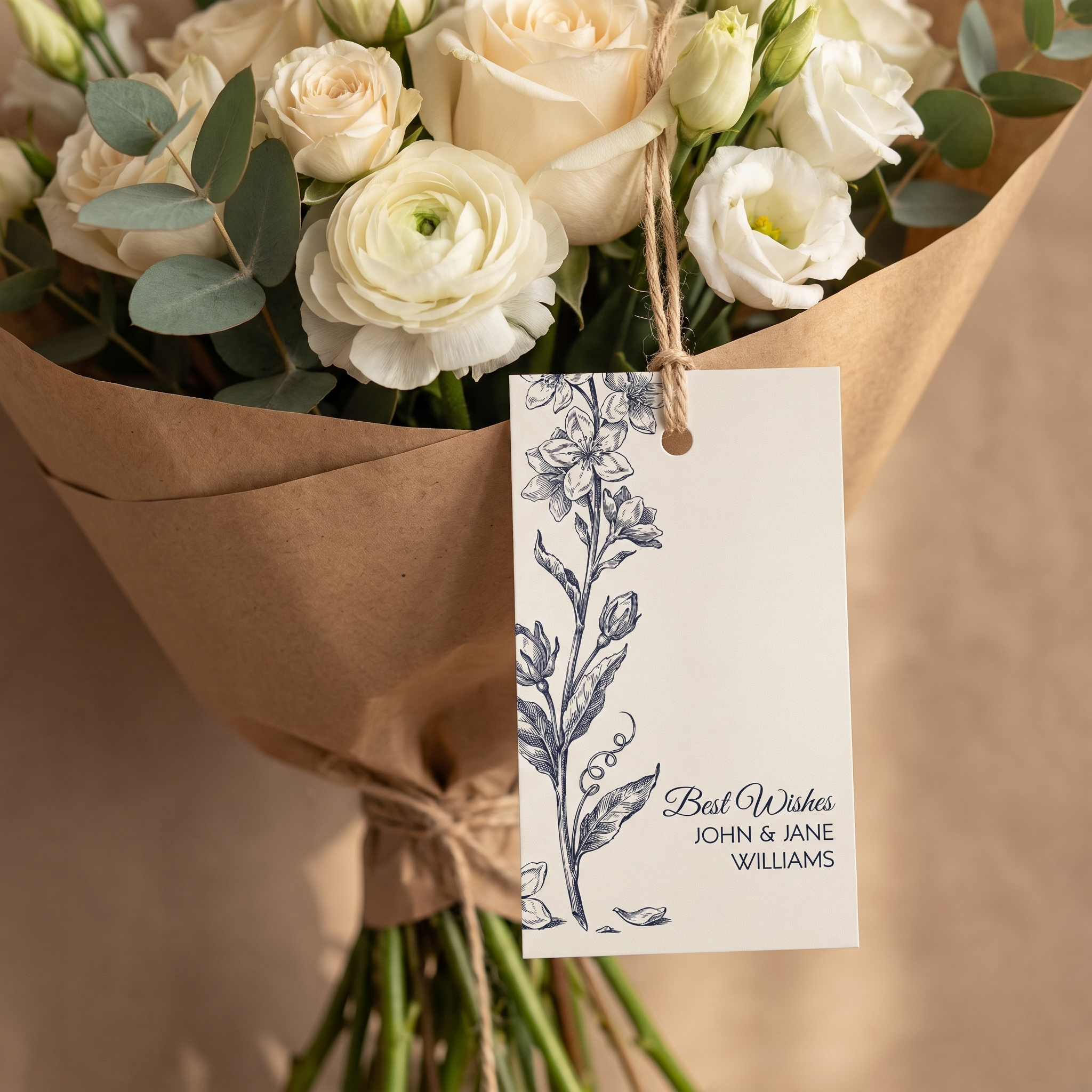 Personalized botanical gift tag tied with twine to a kraft-wrapped bouquet of cream flowers and eucalyptus