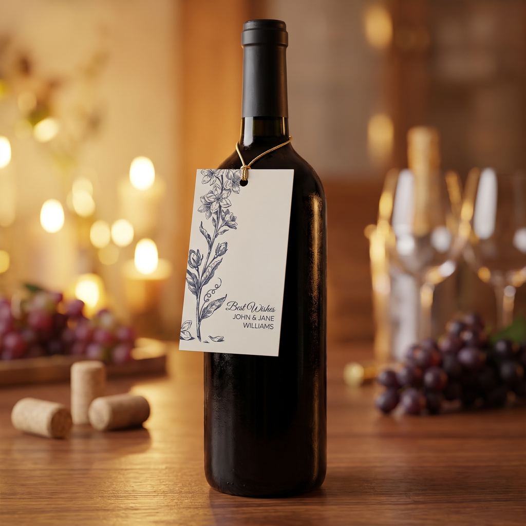 Personalized botanical gift tag hanging from gold elastic cord on the neck of a wine bottle — a gift-ready hostess or celebration gift