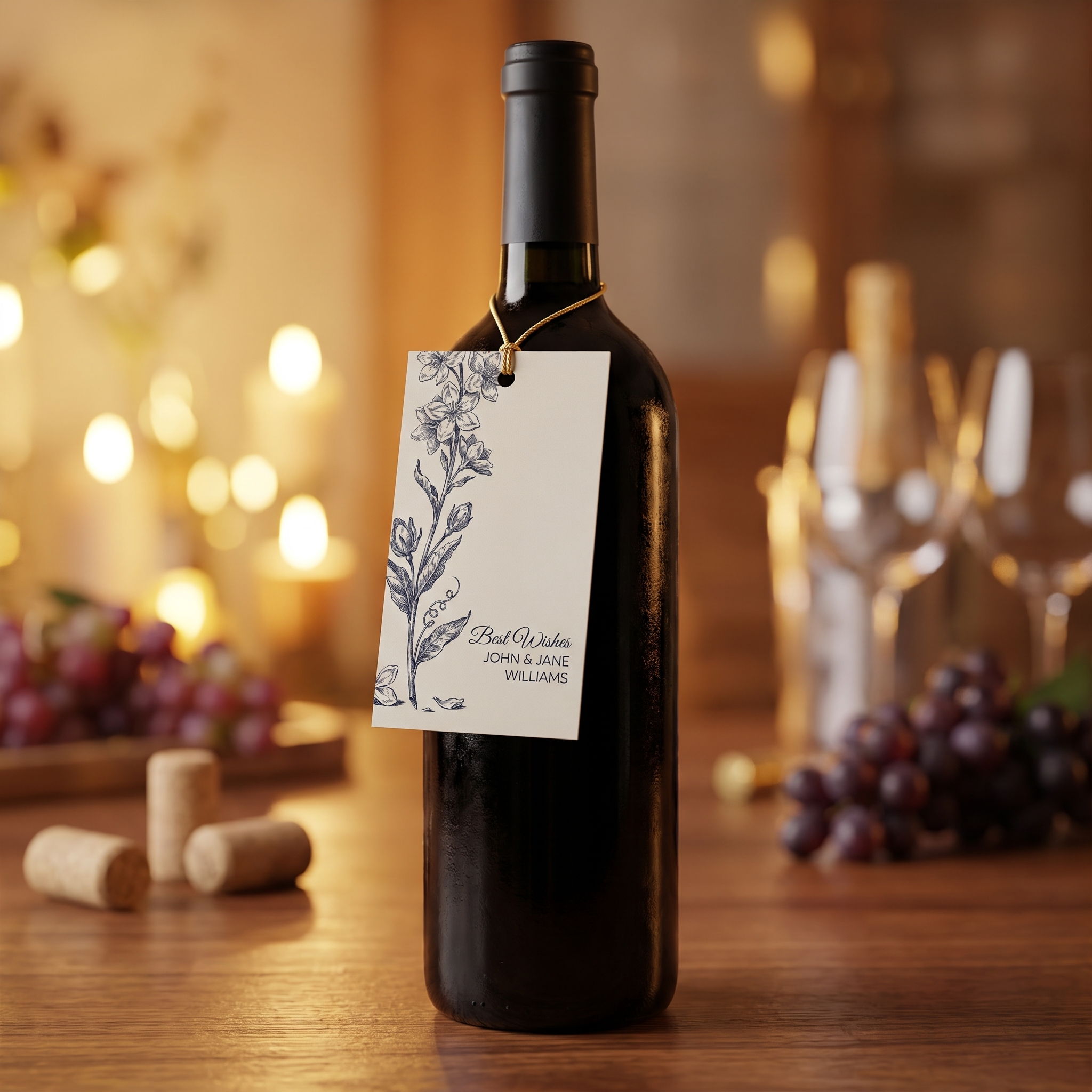 Personalized botanical gift tag hanging from gold elastic cord on the neck of a wine bottle — a gift-ready hostess or celebration gift
