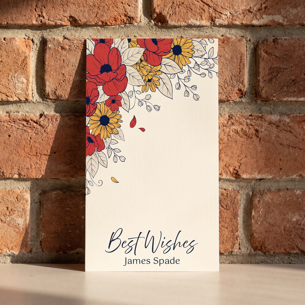 Personalized wildflower poppy gift tag in red, gold and navy ink on ivory card stock — front design reading Best Wishes, James Spade