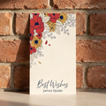 Personalized wildflower poppy gift tag in red, gold and navy ink on ivory card stock — front design reading Best Wishes, James Spade