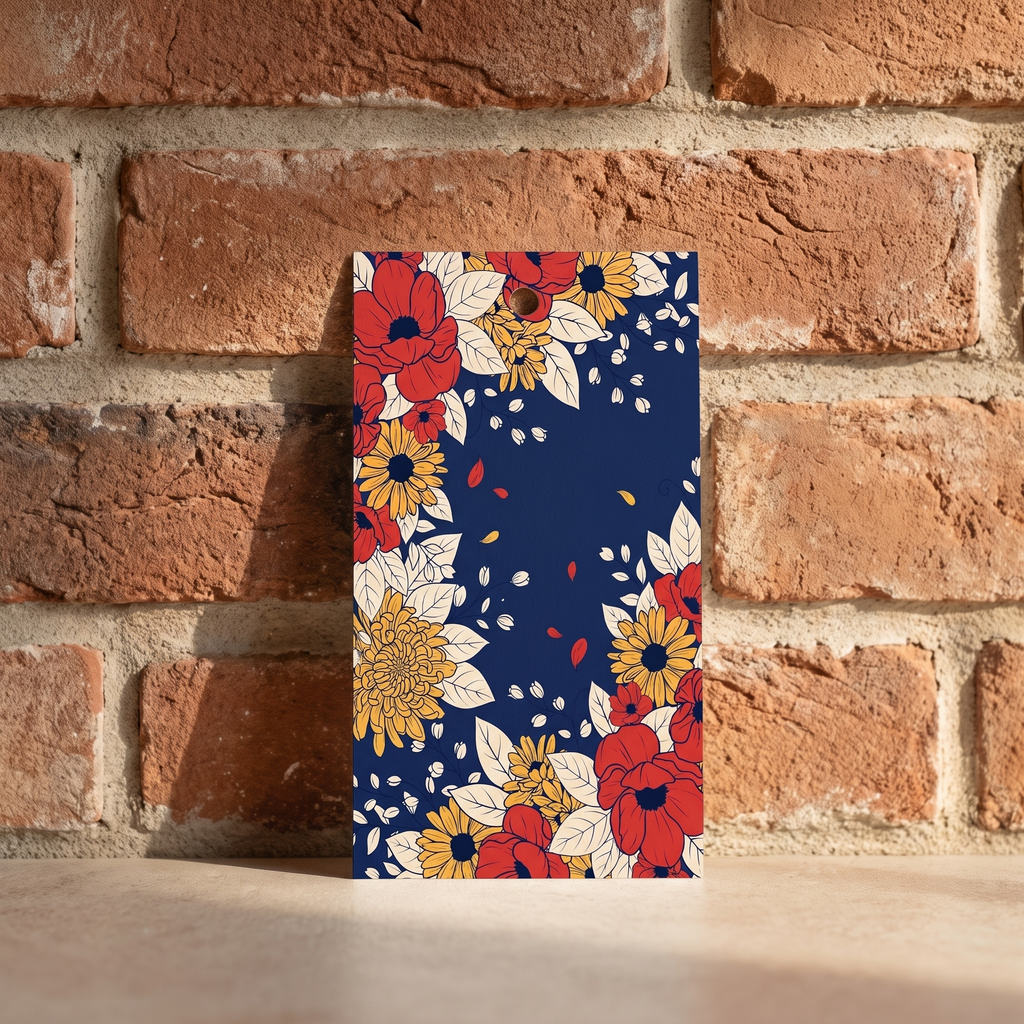 Red poppy, gold sunflower and chrysanthemum floral pattern printed on deep navy card, shown on the back of the personalized gift tag