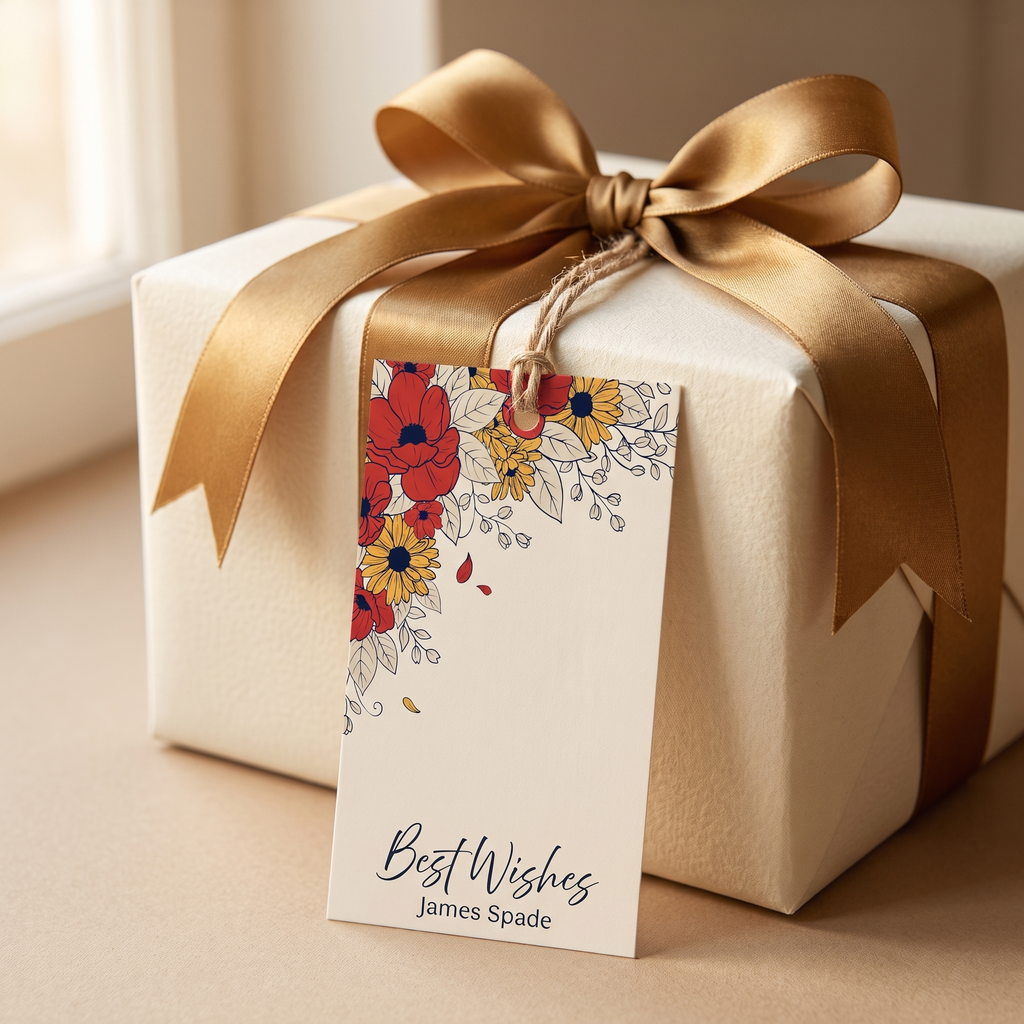 Personalized Best Wishes wildflower gift tag tied with twine to an ivory wrapped gift box with an antique gold ribbon