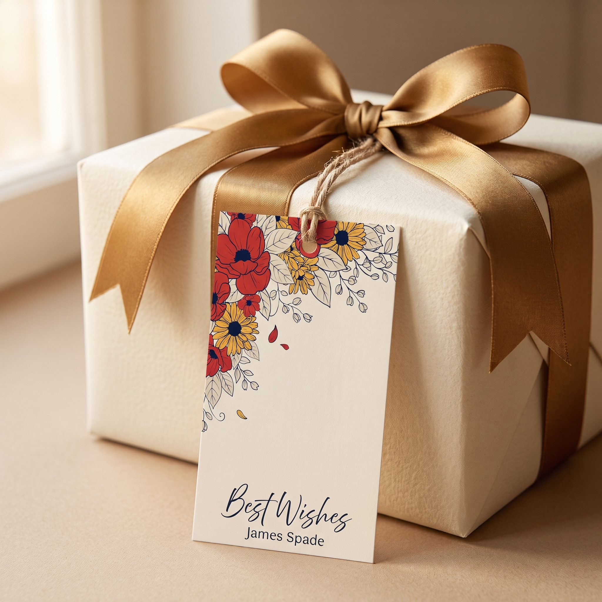 Personalized Best Wishes wildflower gift tag tied with twine to an ivory wrapped gift box with an antique gold ribbon