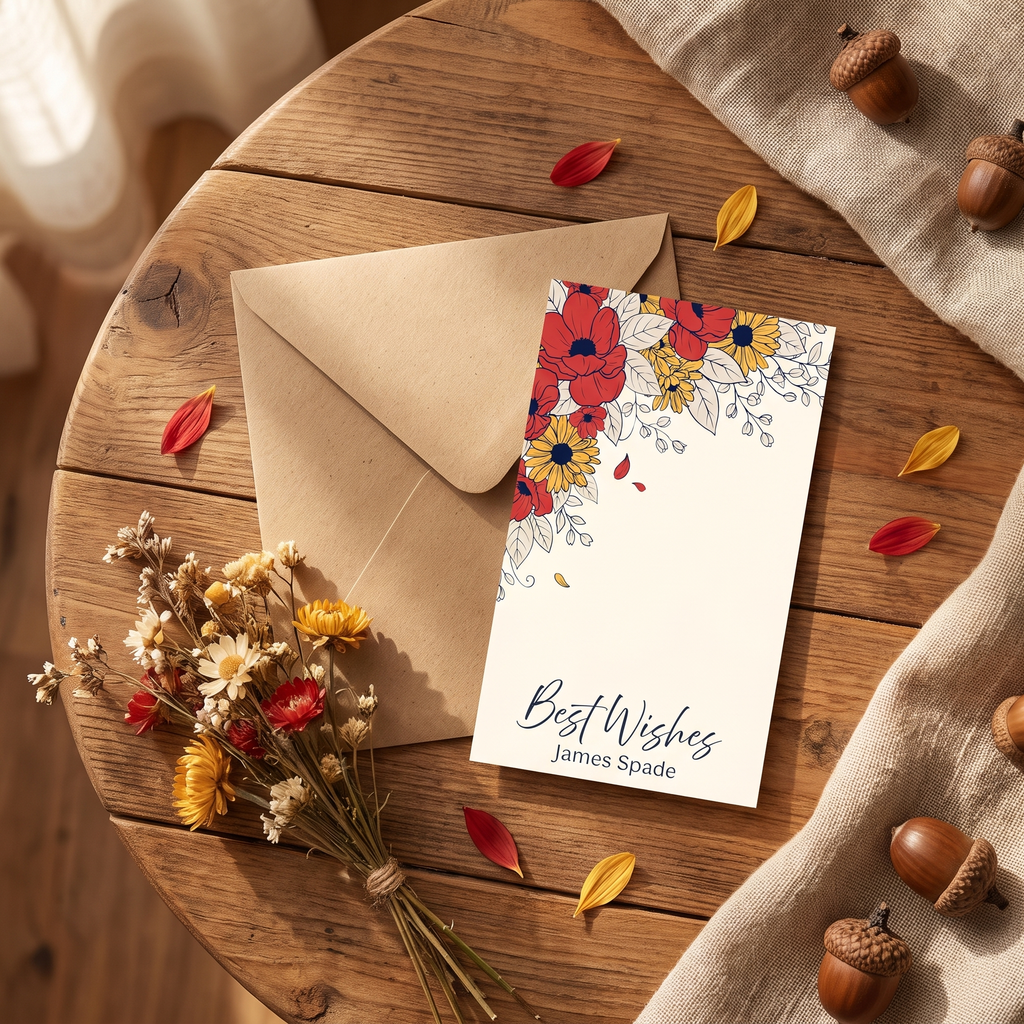 Personalized wildflower gift tag tucked beside a kraft thank-you card envelope with a small bundle of dried wildflowers on a wooden table