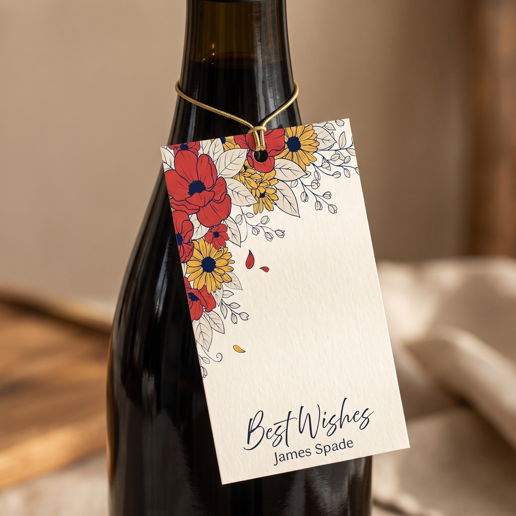 Personalized wildflower gift tag hanging from a gold cord on the neck of a wine bottle — a gift-ready hostess or celebration gift