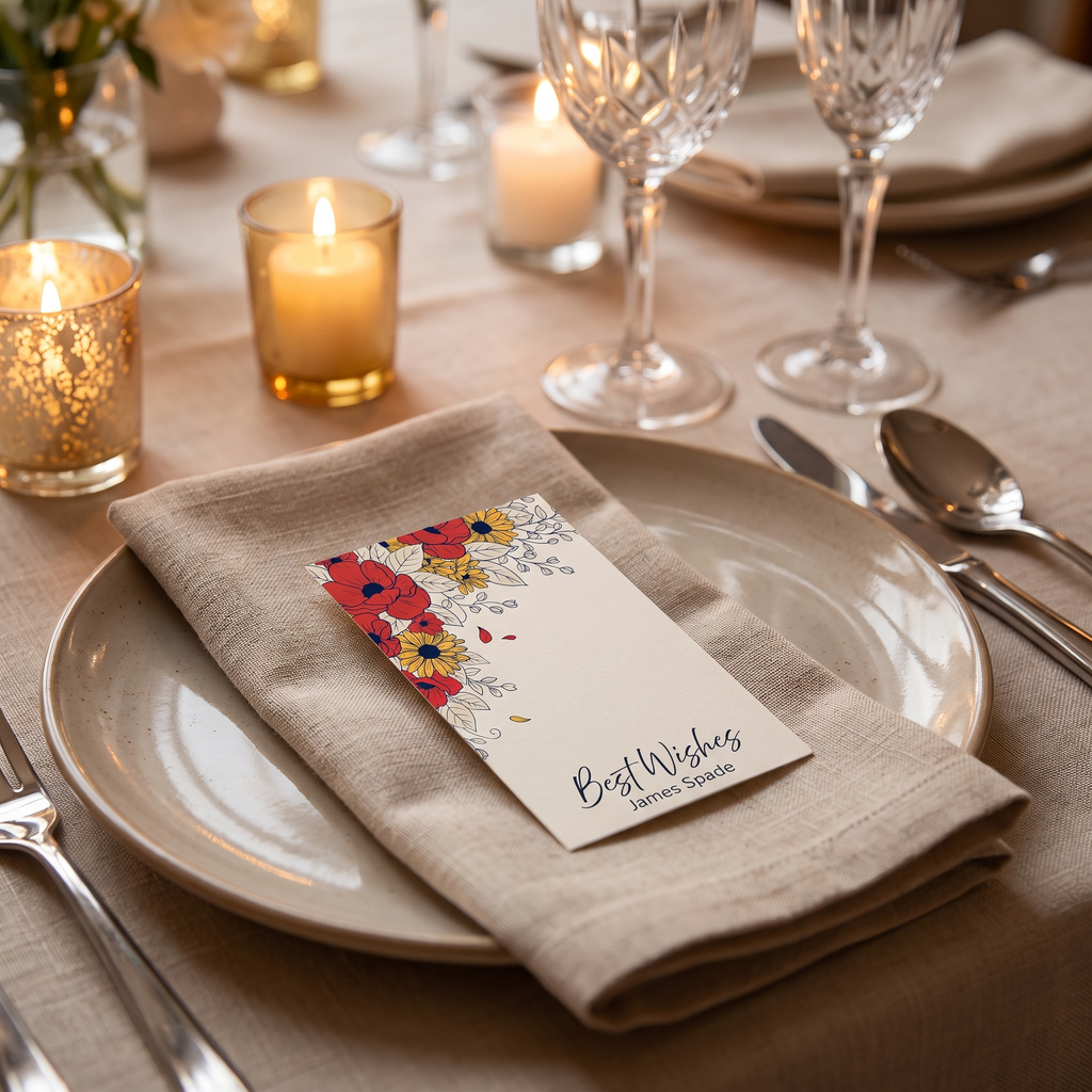 Personalized wildflower gift tag resting beside an elegant table place setting with warm candlelight