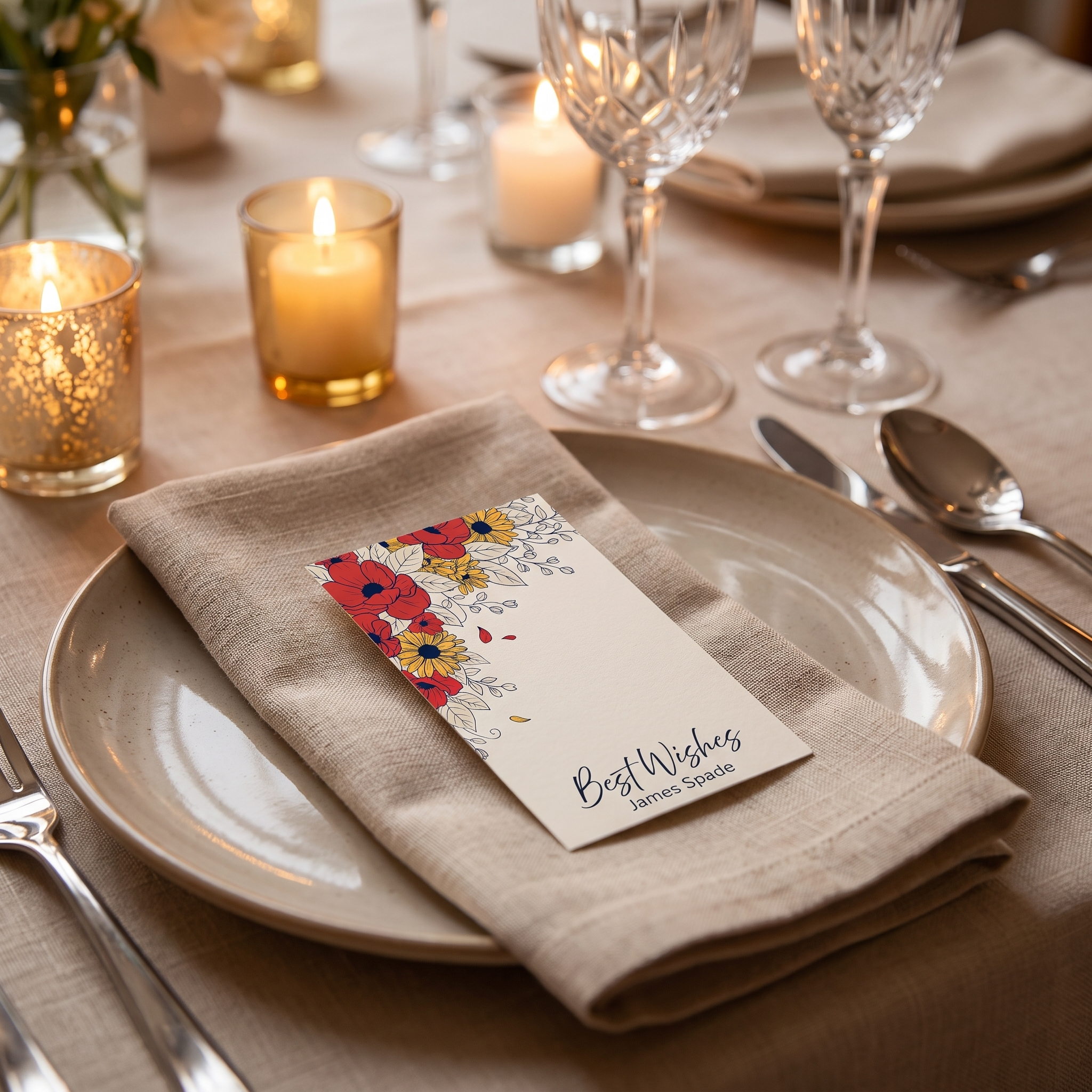 Personalized wildflower gift tag resting beside an elegant table place setting with warm candlelight