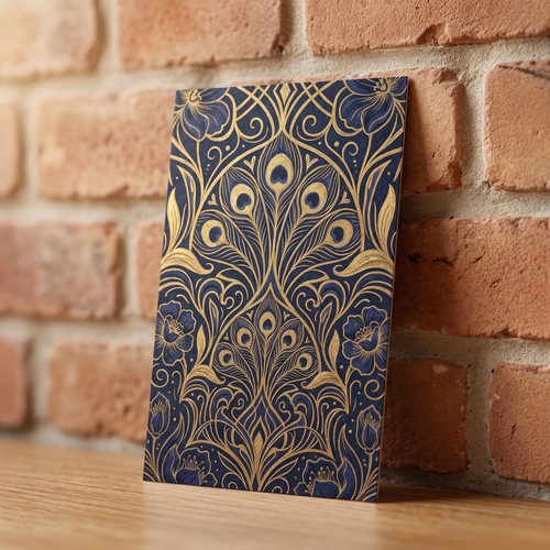 Matching navy and gold peacock-feather and floral Art Nouveau pattern printed on the back of the personalized gift tag