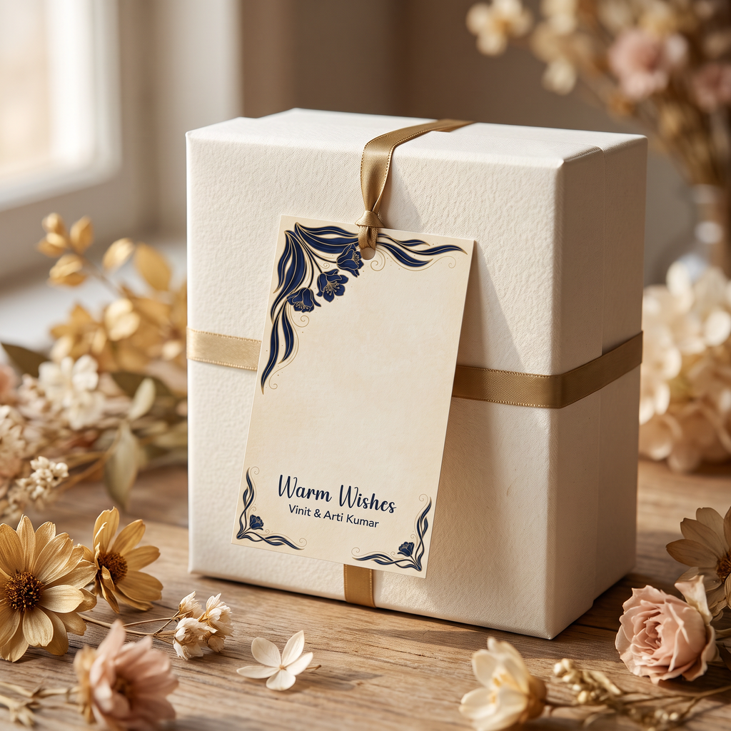 Personalized Royal Peacock Bloom gift tag tied with gold ribbon to an elegantly wrapped ivory wedding gift box