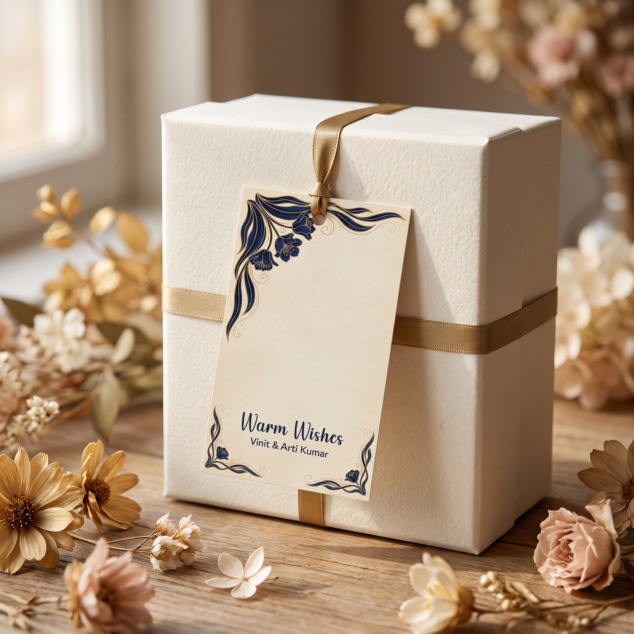 Personalized Royal Peacock Bloom gift tag tied with gold ribbon to an elegantly wrapped ivory wedding gift box