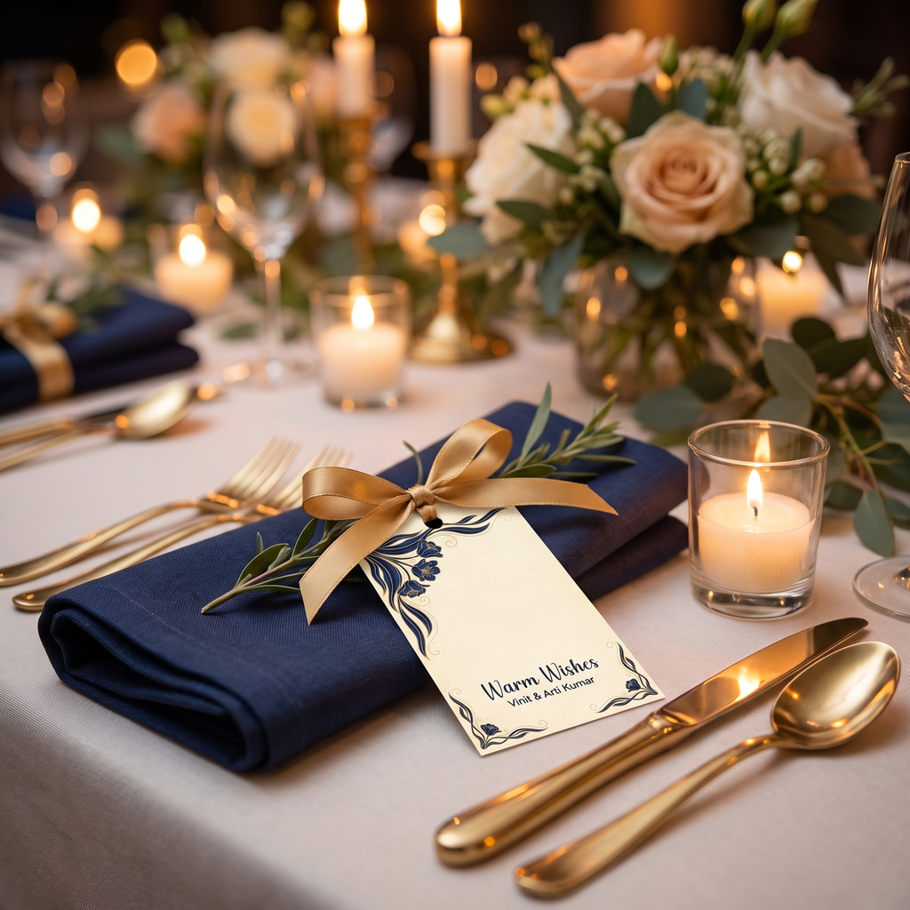 Personalized Royal Peacock Bloom gift tag styled on an elegant wedding table setting with navy linen napkin, gold flatware, and candlelight
