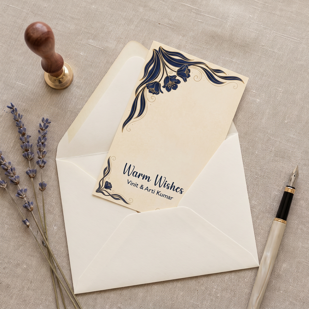 Personalized Royal Peacock Bloom gift tag tucked into an ivory card envelope flat lay with a wax seal and dried lavender