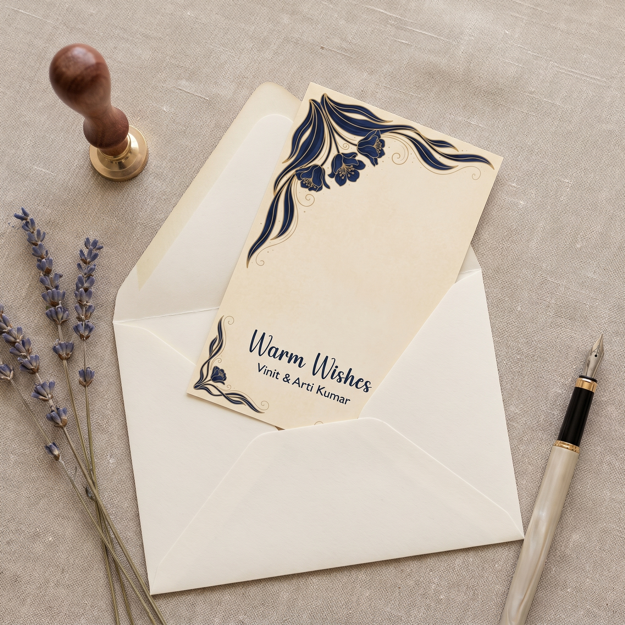 Personalized Royal Peacock Bloom gift tag tucked into an ivory card envelope flat lay with a wax seal and dried lavender