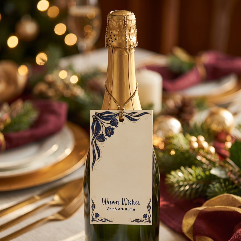 Personalized Royal Peacock Bloom gift tag hanging from a gold cord on the neck of a champagne bottle for a celebration gift